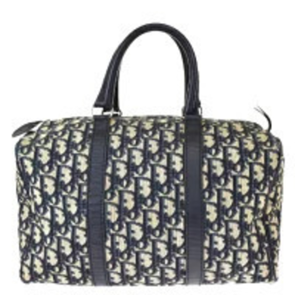 Christian Dior Trotter Handbag Boston Navy Blue Canvas Leather